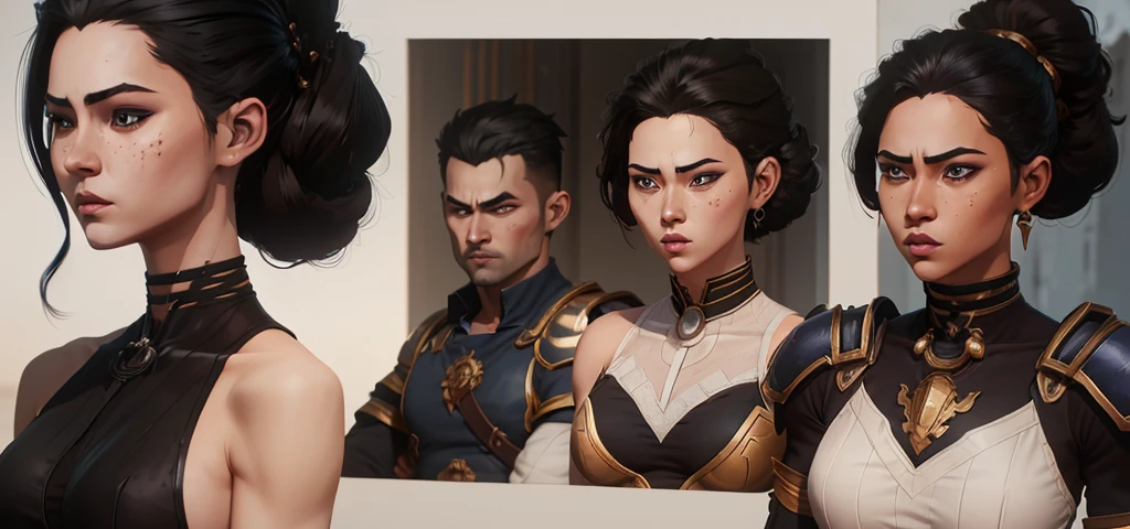 one punch man manga drawing style, A female Dark fantasy warrior, she has shoulder-lenght Black hair and very fine features, she is too beautiful. Her skin is pale and has many brown natural stains, she wears an elegant and royal white armor.