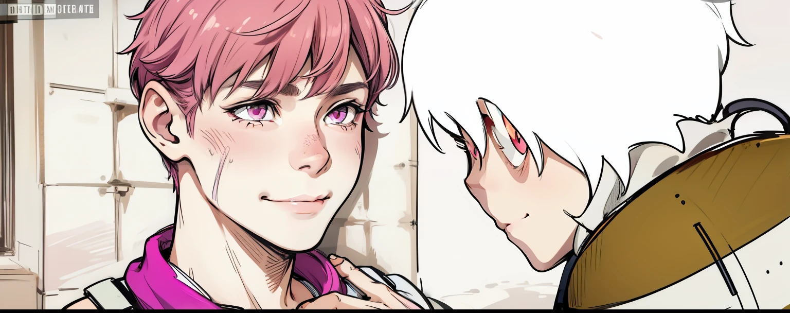 cute 14 year old girl pink hair pink eyes is smiling shyly with hope