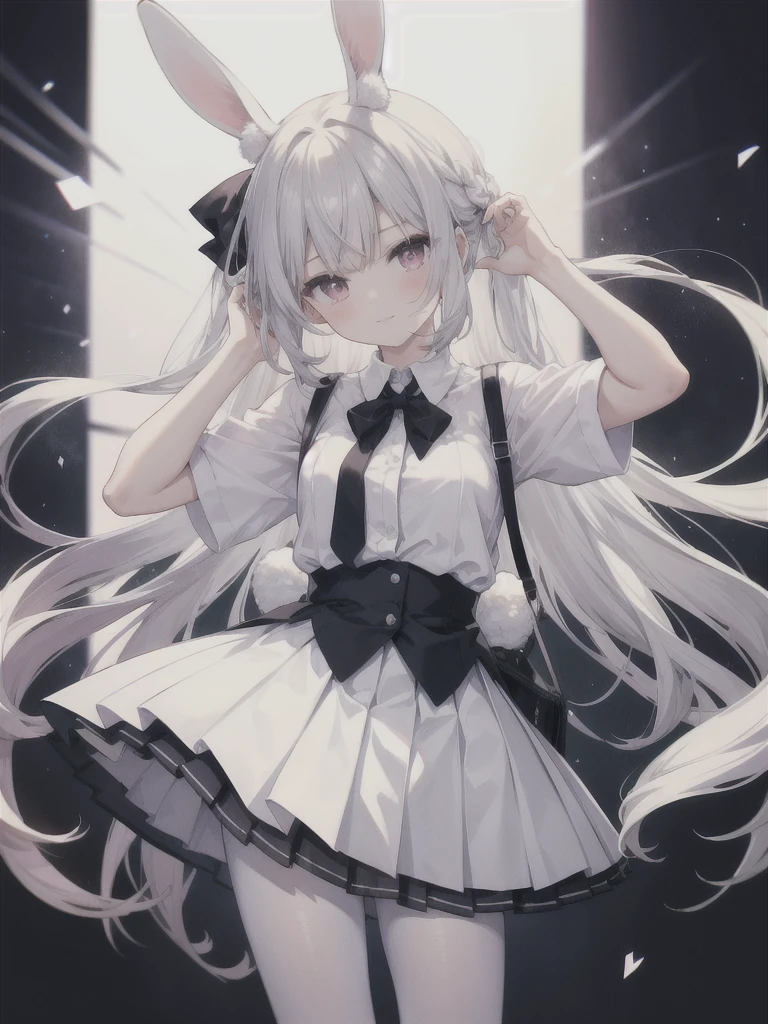 , white shirt, pantyhose, pleated skirt, tie, rabbit ears, mayijan, lean forward, behind arm, faint smile, mid_breats, best quality