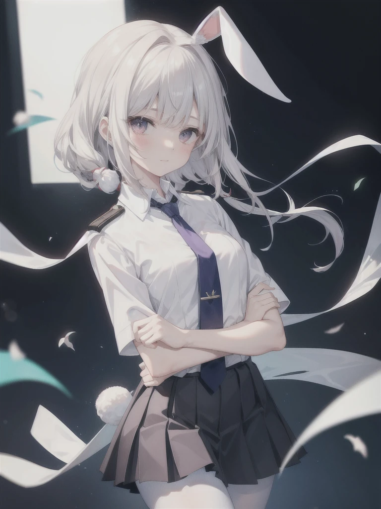 , white shirt, pantyhose, pleated skirt, tie, rabbit ears, mayijan, lean forward, behind arm, faint smile, mid_breats, best quality