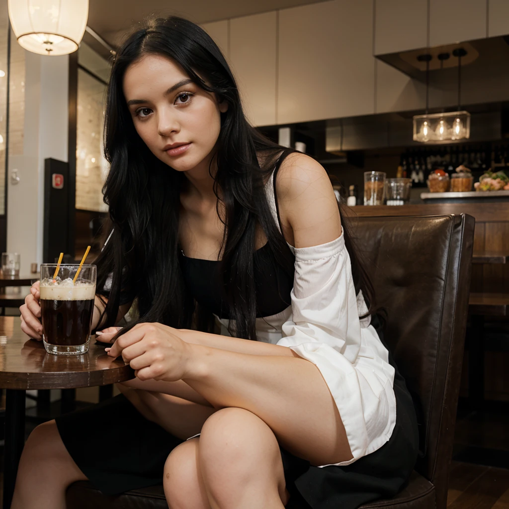 white girl, long black hair, sitting in a restaurant, wearing a black dress
