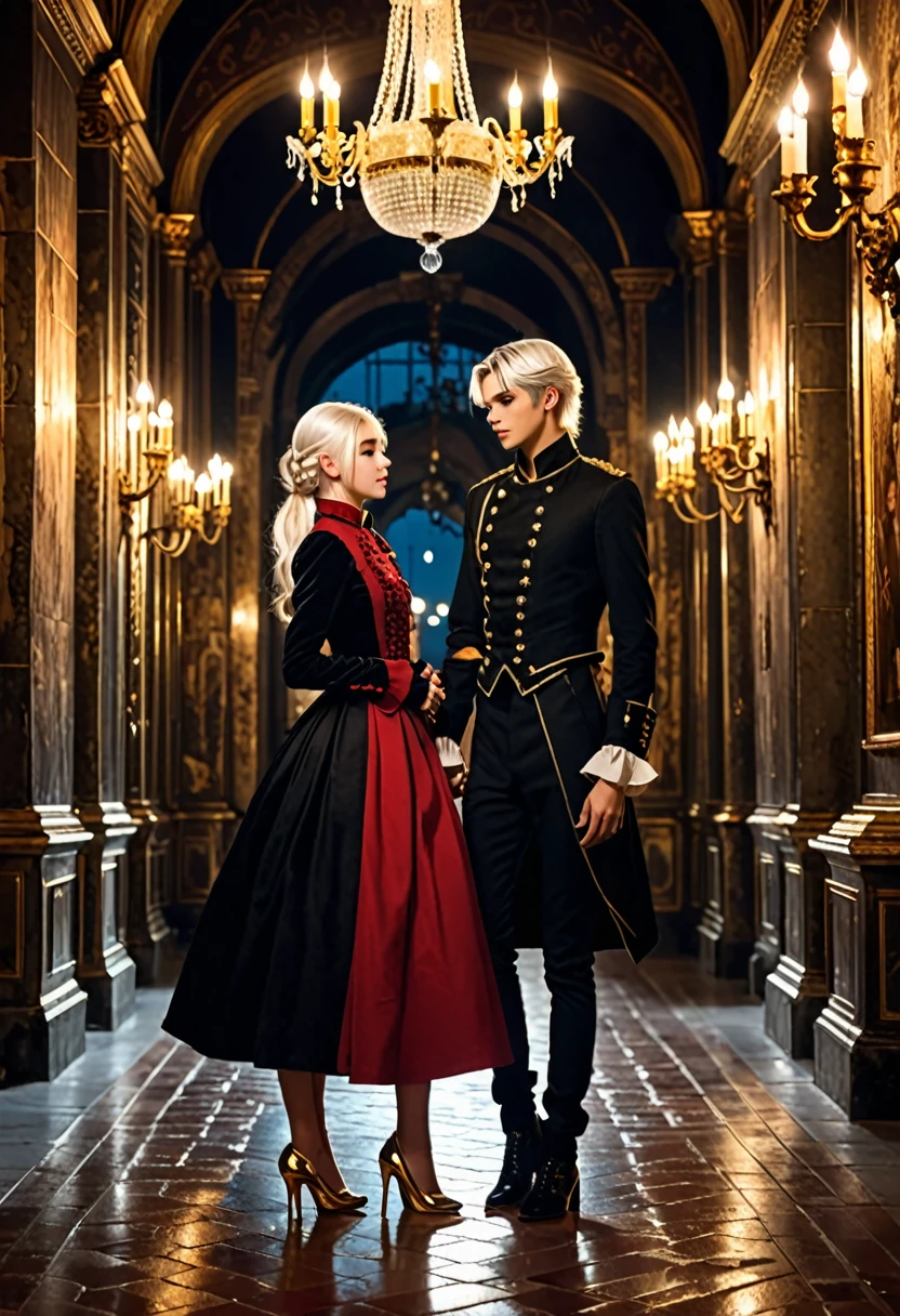 Images of two age twins with white hair walking in heels in a castle at night, dark evening, Well-detailed dress border with a mix of Victorian and Roman clothing. Their skin is clear, the dresses having white colors, red and gold. The salon being luxurious, darker. Framing like a manga. Relaxed position. Long corridor. Chandeliers and candles. The twins would be in a relaxed pose. The two would be running hand in hand in a fun pose., leaning on each other while smiling.
ultra realistic pictures.