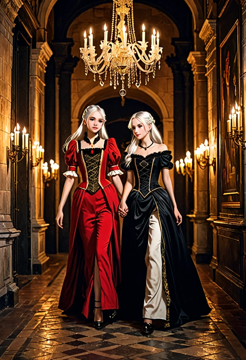 Images of two teenage twins with white hair walking in heels in a castle at night, dark evening, Well-detailed dress border with a mix of Victorian and Roman clothing.  Their skin is clear, the dresses having white colors, red and gold. The salon being luxurious, darker. Framing like a manga. Relaxed position. Long corridor. Chandeliers and candles. The twins would be in a relaxed pose. The two would be running hand in hand in a fun pose., leaning on each other while smiling.
ultra realistic pictures.