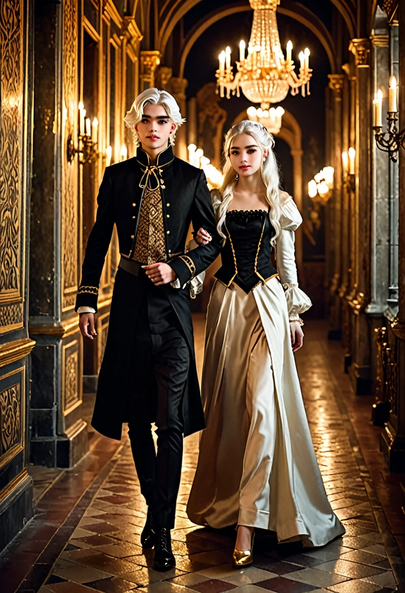 Images of two teenage twins with white hair walking in heels in a castle at night, dark evening, Well-detailed dress border with a mix of Victorian and Roman clothing.  Their skin is clear, the dresses having white colors, red and gold. The salon being luxurious, darker. Framing like a manga. Relaxed position. Long corridor. Chandeliers and candles. The twins would be in a relaxed pose. The two would be running hand in hand in a fun pose., leaning on each other while smiling.
ultra realistic pictures.