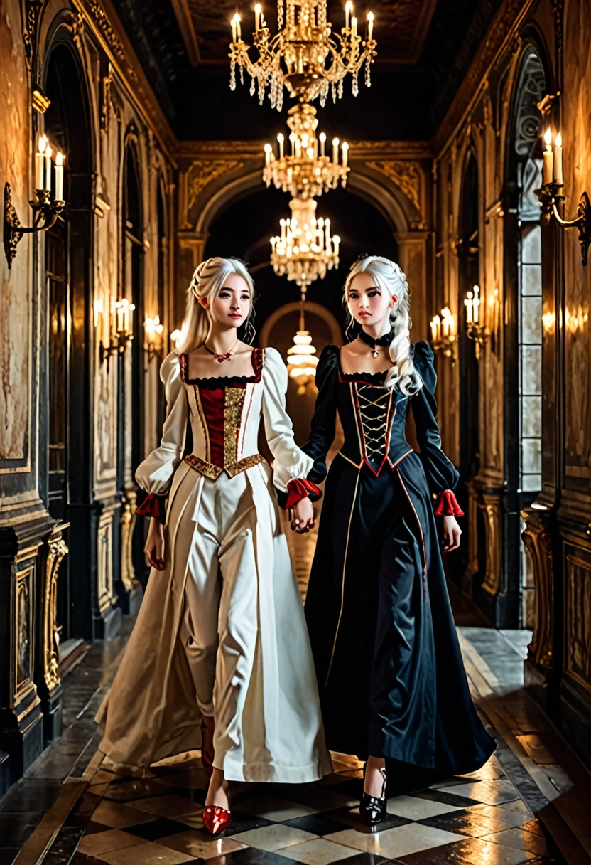 Images of two age twins with white hair walking in heels in a castle at night, dark evening, Well-detailed dress border with a mix of Victorian and Roman clothing. Their skin is clear, the dresses having white colors, red and gold. The salon being luxurious, darker. Framing like a manga. Relaxed position. Long corridor. Chandeliers and candles. The twins would be in a relaxed pose. The two would be running hand in hand in a fun pose., leaning on each other while smiling.
ultra realistic pictures.