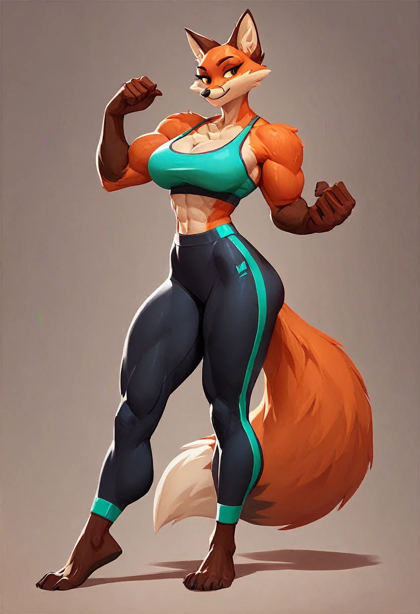 Fox furry female, cleavage, sports bra, yoga leggings, barefoot, orange color, muscular, full body, big bust, standing