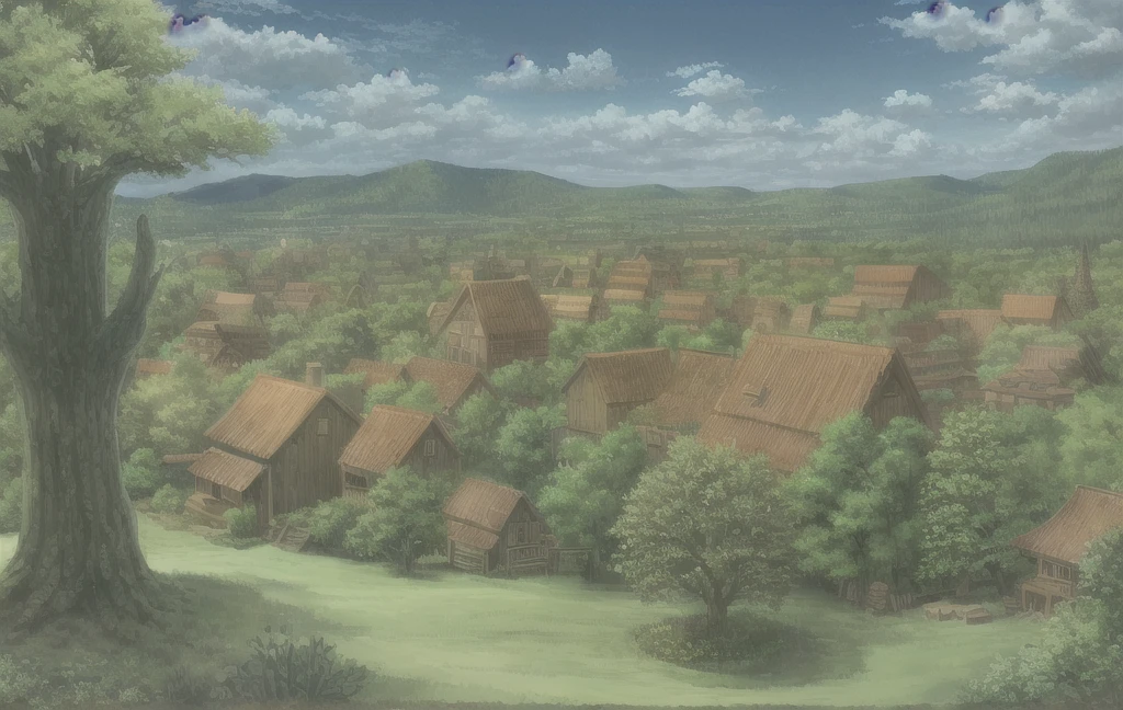 scenery, forest, village, well, sky, clouds