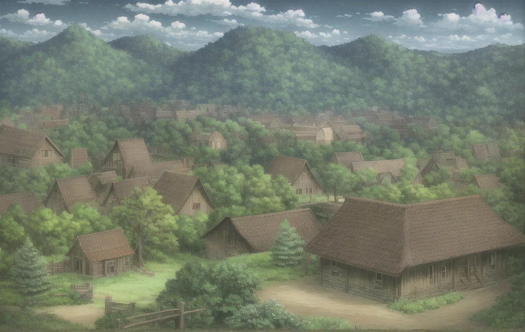 scenery, forest, village, well, sky, clouds