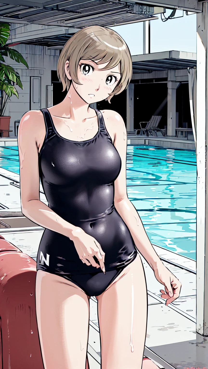 
Blonde, (short hair:1.2)、((Illustration of a person))、、
View your viewers,, (Highest quality:1.3),blue eye star piece、Highest quality)、Highest quality, Ultra-high resolution, (((masterpiece))), alone, Sweat、Big eyes、、One Girl, Front view、Embarrassed face、Bronze colored hair、((short hair))、One Girl, alone, blush, ,
 arms, Wet, Pool, 青いSchool , Thighs, Place your arms at your sides,  arms, Cowboy Shot, Are standing, School ,bite、High Leg、mansuji