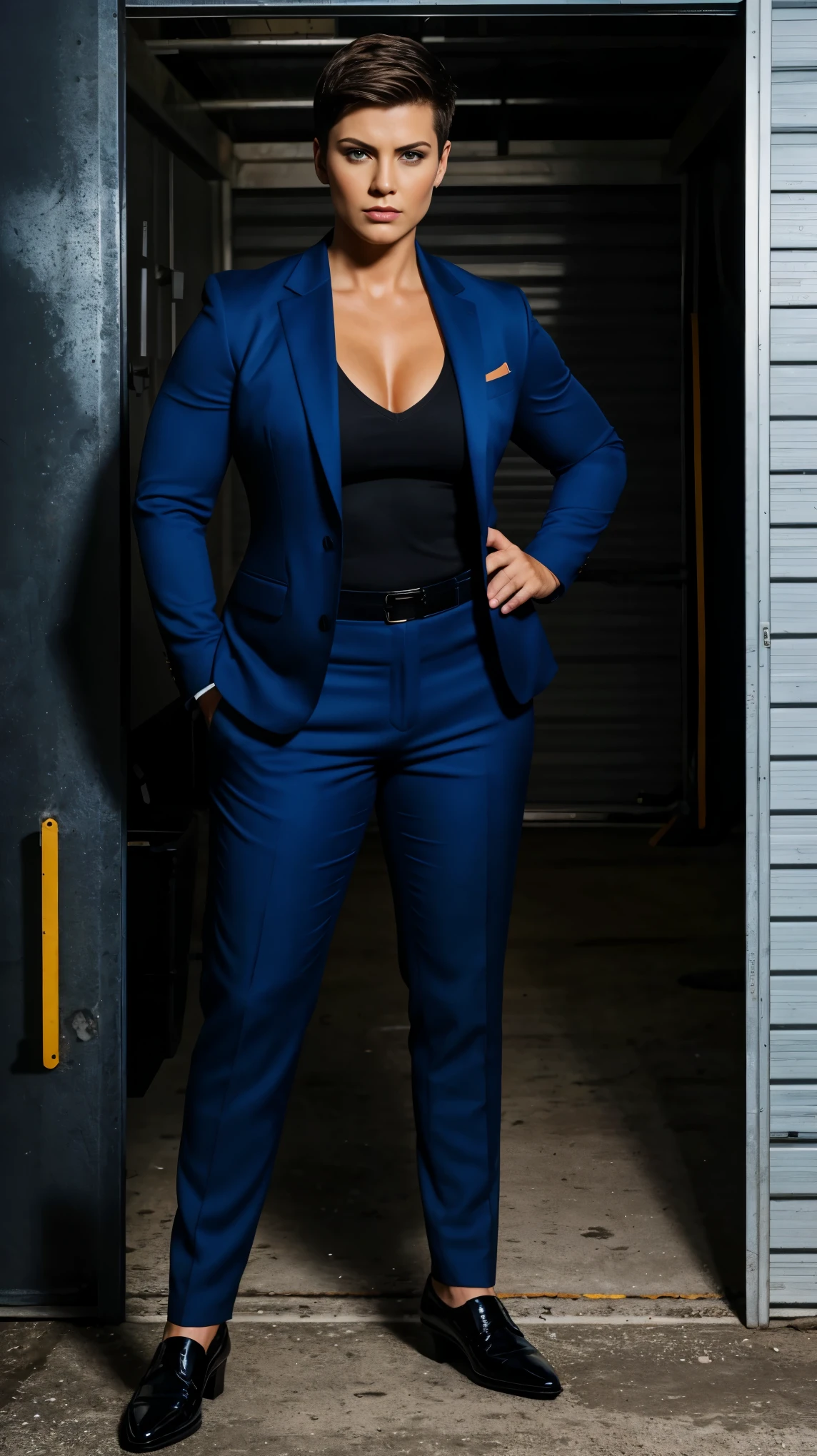 A big and muscular woman standing in a garage dressing in men's suit and men's shoes, facing to the viewer, ultra short hair, masculine pose, fierce expression, bright lighting, realistic
