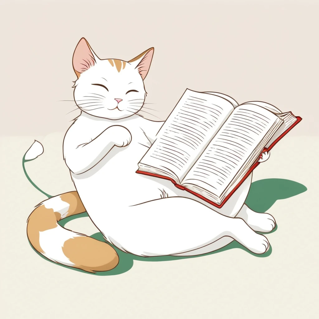 Anthropomorphic cute cat, narrow eyes, lying down, legs crossed, reading a book, one stroke, Japanese style animation touch, high image quality