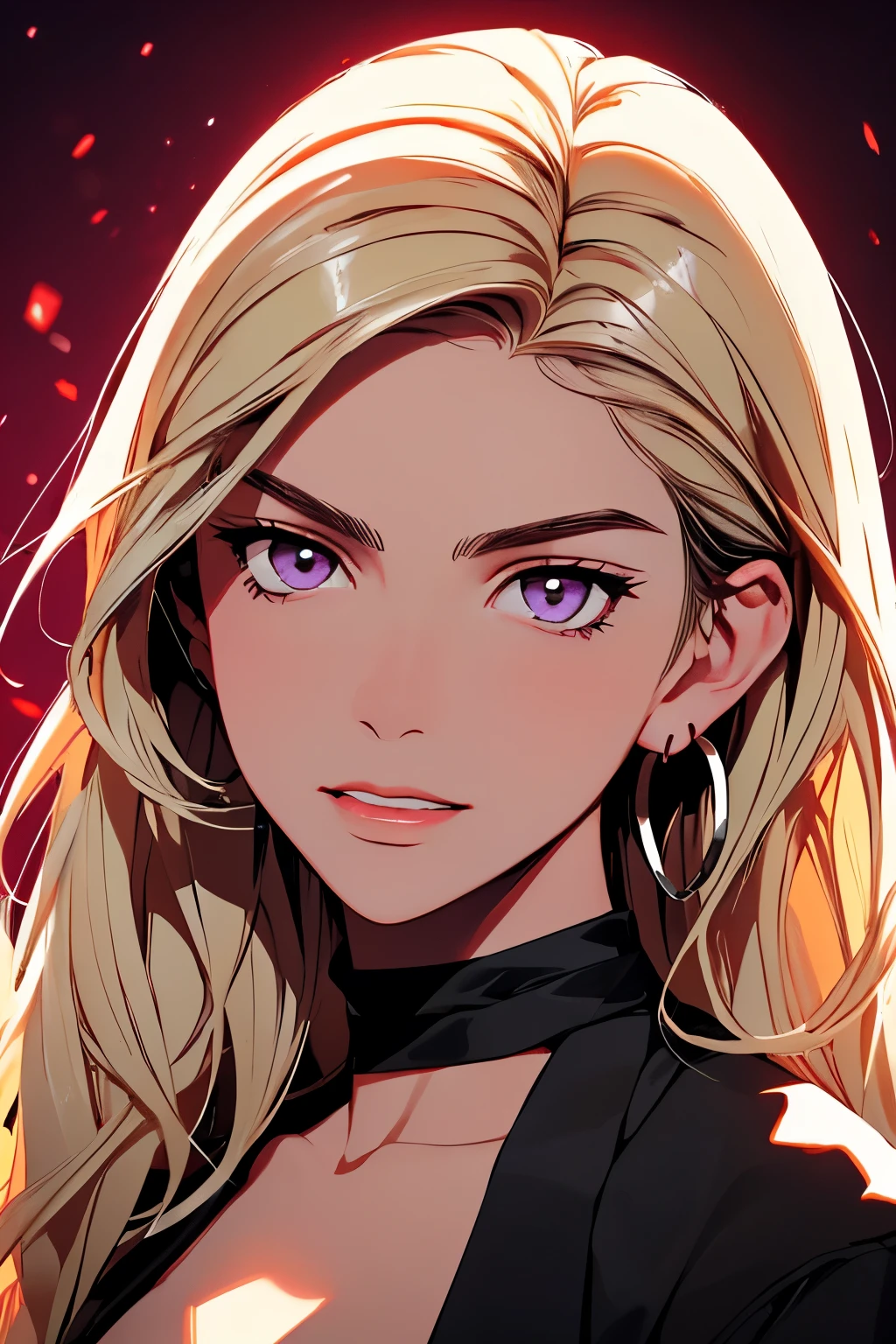 a_painting_portrait_of_bishamon_from_noragami_A girl with long wavy loiro hair , ((Uma garota)), (loiro) ,(trança de cabelo longo:1.3), purple eyes, um sorriso leve, rosto lindo , 18 anos , (figura esbelta , seios grandes) , cinto de corrente, saia lápis de látex cintura alta, Manga de braço de látex, ((Cinto)), ((cinto de quadril)), lenço de couro preto, blusa branca ombro a ombro, afinar, Cidade da Noite , luz neon , surrealismo_(((Obra de arte)))_(retrato)_luz difusa_sombras dinâmicas_foco nitído_realista_1girl_choker nacklace_smiling_2d illustration_8k_Verão_lascivo_grão de filme_Ilford HP5_80mm_big hair_ (masutepiece: 1.3), (max resolution: 1.2), (Ultra HDTV: 1.2), cinematric light, Ultra HDTV, (Detailed eyes and skin), (detailed facial features), nffsw, 8K resolution, Sharp Focus: 1.2, Perfect Style, Beautiful face, Perfect body, precise, Anatomically correct, Highly detailed face and skin texture, Detailed eyes, purple eyes, Double eyelids, Thin eyebrows, Glitter Eyeliner: 1.2, Natural cheeks, Glossy skin, Fair skin: 1.2, shiny little necklace and earrings, (Glossy lips: 1.4), BREAK, One-person viewpoint, (Seductive smile: 1.2), ((a Innocent and cute girl:1.3)), (very Long Wave Hair), (Blond hair:1.2), (Cowboy Shot: 1.2), BREAK, ((Very intimate relationships: 1.2)), medium large breasts, ((Looking at Viewer:1.2)), purple eyes, um sorriso leve, rosto lindo , (figura esbelta , seios grandes) , cinto de corrente, saia lápis de látex cintura alta, Manga de braço de látex, ((Cinto)), ((cinto de quadril)), lenço de couro preto, blusa branca ombro a ombro, afinar,, full body, sweet, beautiful
