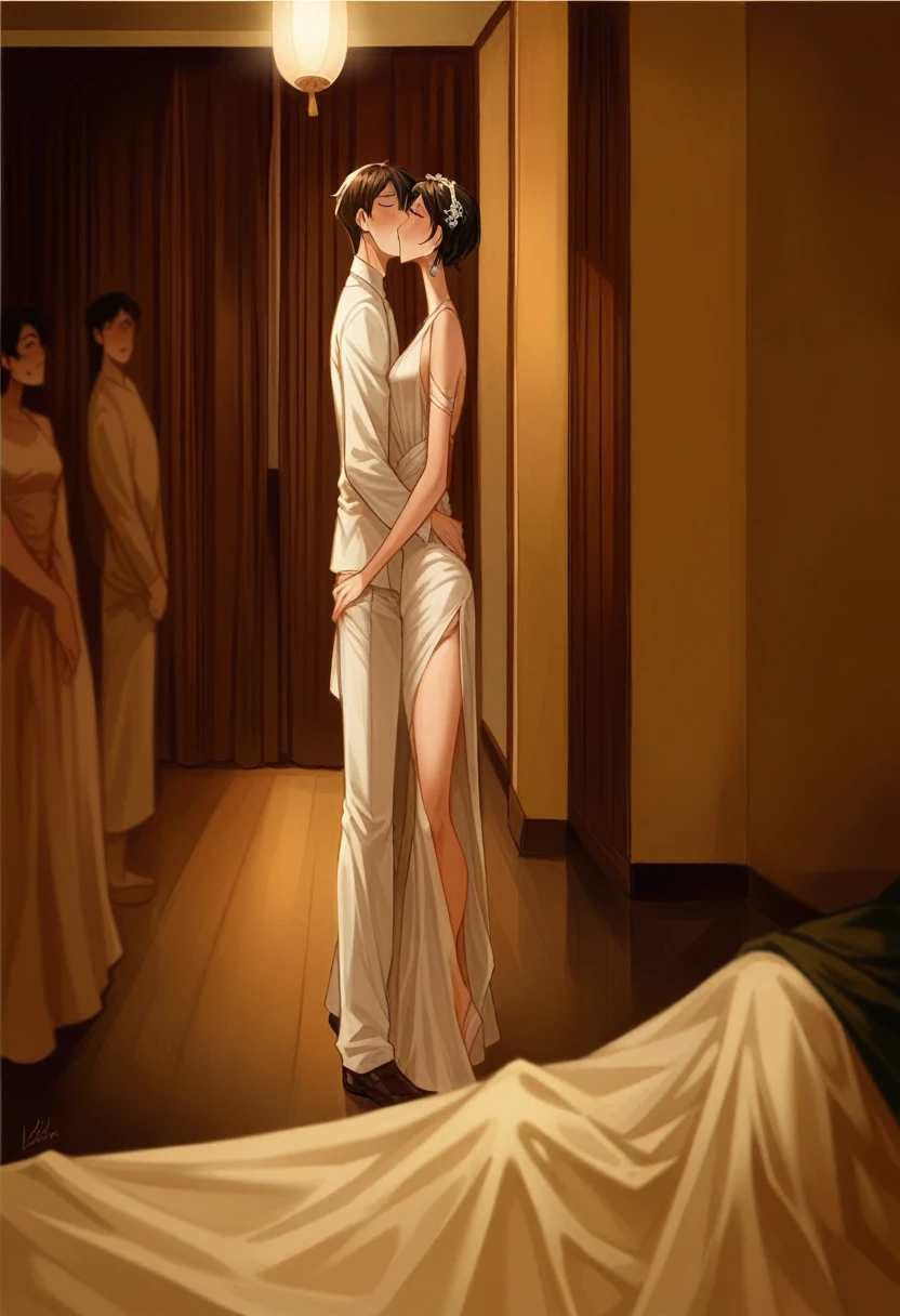 35mm film photography, A middle-aged Caucasian man with short dark hair tenderly embracing and kissing a young, curvaceous South Indian bride dressed in a traditional Indian dawani in a comfortable living room. A group of three Caucasian men observing the couple., high detail, split gradient colors background, full body image 