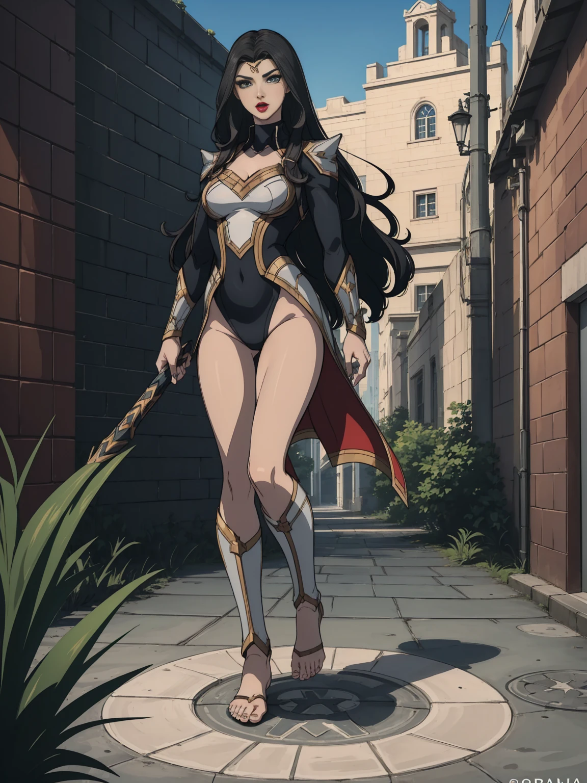 ((full body photo, standing, feet on the ground)) (Adriana Lima :1.1) Red lips, green eyes, ((full body photo, standing, feet on the ground)) Wonder Woman stands imposingly in a city from Themyscira. The scenery is lush. The camera details everything, a warrior woman, cover with stars .