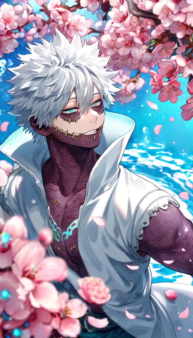 absurdres, highres, ultra detailed, HDR, master piece, Dabi, white hair, expressive turquoise eyes, white coat with high collar, Boku No Hero Academia, sexy man, handsome, best quality, blossoms, pink petals, pink flowers, water, fantasy, magical, blue shining fireflies, solo,