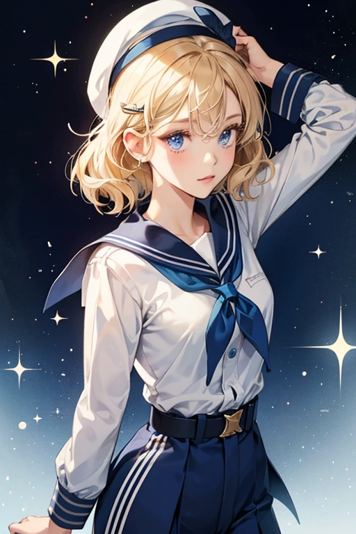 she has short, light blond hair and dark blue/indigo eyes. sHe wears a brown belted, navy blue sailor top with a light blue collar, tie, and cuffs, with matching pants and sailor hat. sHe sports a Nordic Cross barrette in her hair, and has a detached hair-curl that floats independently beside his head.  SPARKLE; GLITTER