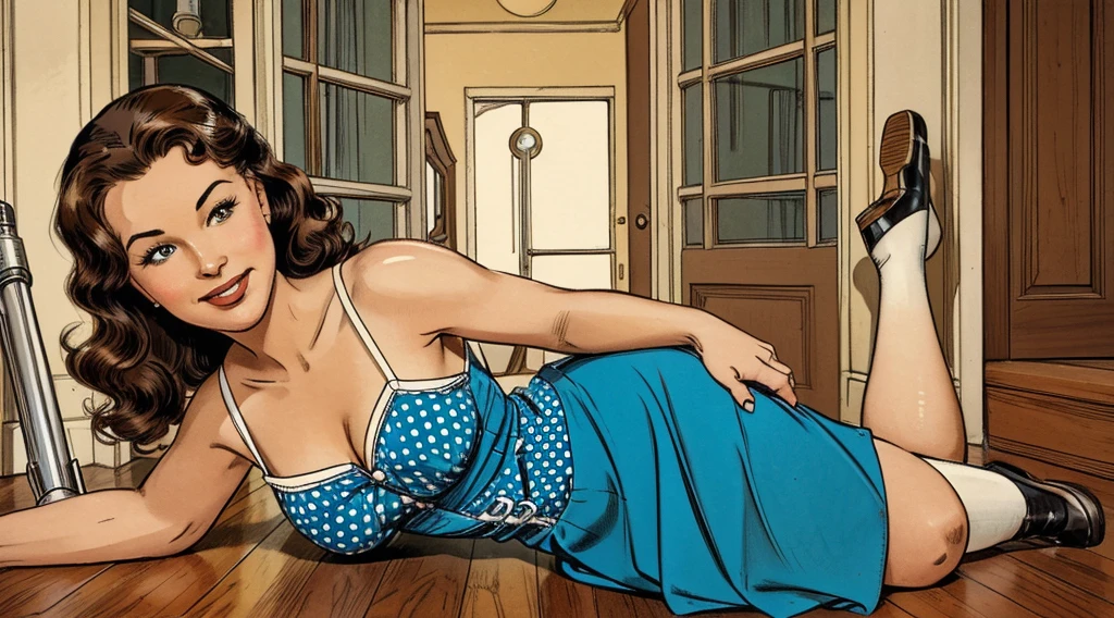 The vintage advertisement depicts an idealized vision of 1950s domesticity.
In the foreground, a smiling housewife poses holding an old vacuum cleaner. She wears a classic polka-dot dress with a modest sweetheart neckline that still hints at her shapely figure. The skirt falls just above the knee, allowing a peek at her stockings and high heels.
With a friendly, welcoming expression, the housewife's chestnut hair is styled in neat curls framing her made-up face. One hand rests on her hip as she leans into the vacuum, embodying the can-do attitude of the era's homemakers.
Behind her, the scene depicts an immaculately clean mid-century home interior. A cheerful kitchen with retro appliances and decor is visible through an open doorway. The neatly made bed anchors the bedroom setting.
The bold text overlay reads: "Keep Your Home Sparkling with Maybelle's Cleaning Supplies!" The copy celebrates the housewife's role as keeper of the domestic sphere.
While still portraying a romanticized ideal of homemaking, the pin-up's pose and dress are relatively modest compared to racier examples. The emphasis is on the housewife's bright, welcoming smile and the spotless home behind her - reinforcing the 1950s feminine virtues of homemaking skill and maintaining a cheery, attractive appearance for family.