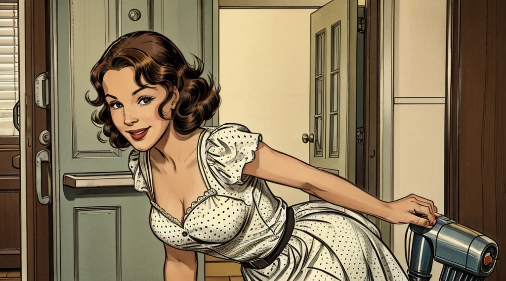 The vintage advertisement depicts an idealized vision of 1950s domesticity.
In the foreground, a smiling housewife poses holding an old vacuum cleaner. She wears a classic polka-dot dress with a modest sweetheart neckline that still hints at her shapely figure. The skirt falls just above the knee, allowing a peek at her stockings and high heels.
With a friendly, welcoming expression, the housewife's chestnut hair is styled in neat curls framing her made-up face. One hand rests on her hip as she leans into the vacuum, embodying the can-do attitude of the era's homemakers.
Behind her, the scene depicts an immaculately clean mid-century home interior. A cheerful kitchen with retro appliances and decor is visible through an open doorway. The neatly made bed anchors the bedroom setting.
The bold text overlay reads: "Keep Your Home Sparkling with Maybelle's Cleaning Supplies!" The copy celebrates the housewife's role as keeper of the domestic sphere.
While still portraying a romanticized ideal of homemaking, the pin-up's pose and dress are relatively modest compared to racier examples. The emphasis is on the housewife's bright, welcoming smile and the spotless home behind her - reinforcing the 1950s feminine virtues of homemaking skill and maintaining a cheery, attractive appearance for family.
