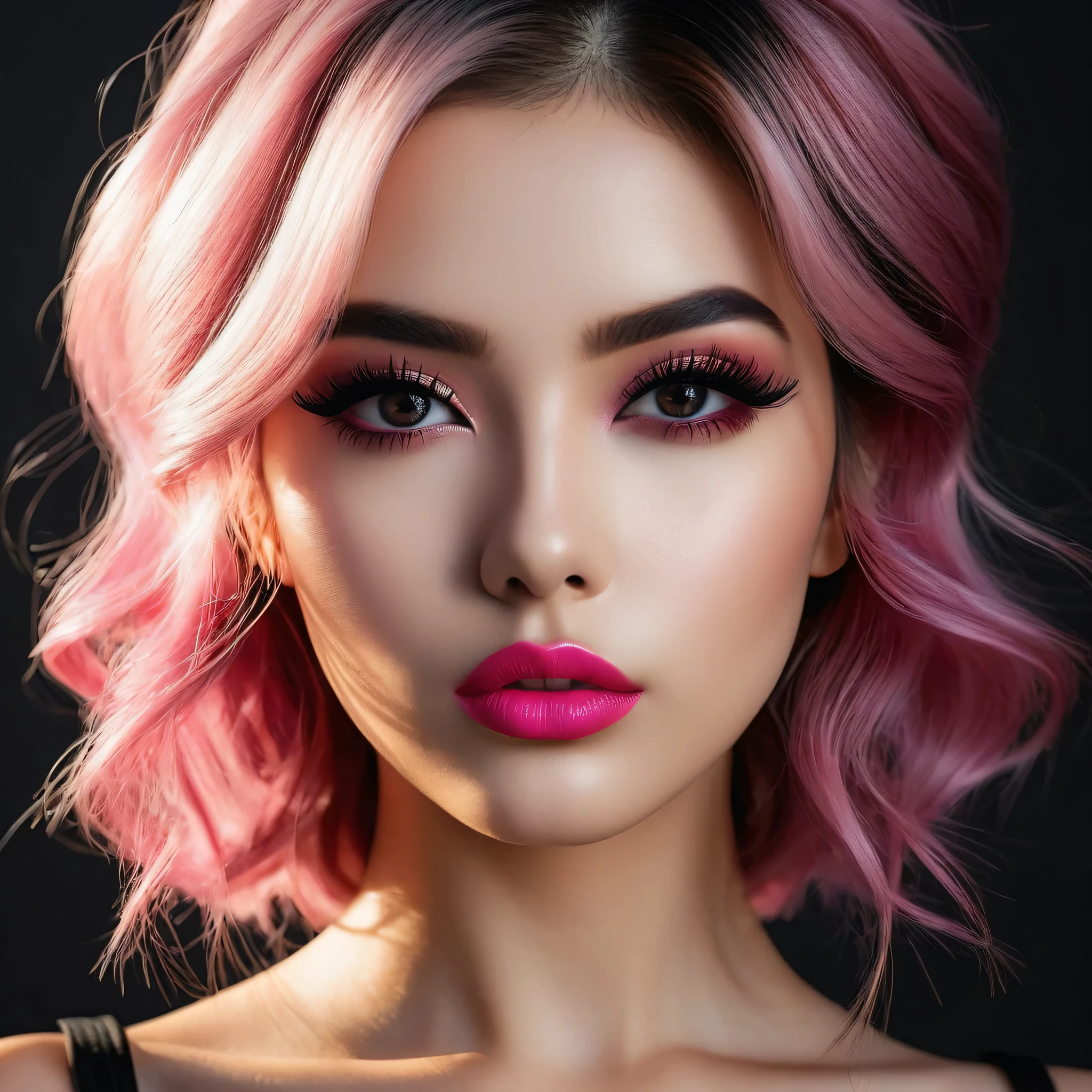 ((Make your subject look three-dimensional with the contrast of light and shadow)). photorealistic Realism 16K Quality: (Hyper absurd quality and details realistic texture velvet skin, hair), Photorealistic photo (portrait) a cute 1model:1.4 24yo, dslr, best high quality soft lighting, sharp focus captured by Fujifilm XT3, f 5.6, in a dramatic lighting, ((Hyper details realistic black_eyes:1.25)), ((finely details pupils:1.3)), Perfect makeup, ((detailed symmetrical lips:1.3)), ((V-line jaw)), pink_lipstick:1.3, (Hyper detailed eyelashes), ((perfect dark_eyeshadows:1.25)), (Detailed nose:1.2), (perfect composition), ((pale skin)), (dry skin), (((she wears black Tube top outfits, the latest fashion trend of this summer))), (Anatomically correct), (perfect proportions), ((perfect hands:1.2)), ((perfect female body:1.4)), cute girl, ((firm and full breasts:1.3)),
