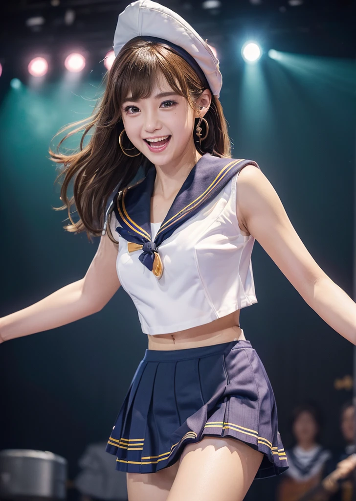 profile、Turned around、Butt,Flat Chest、(Slim body）、((Slim body))、Long Hair,Straight Bangs,Embarrassing,masterpiece,diamond、Earrings,background of fantasy,(((Brown Hair)))、 hair ornaments,Headband,Brown Hair,  Cleavage, Idol, Idol clothes, jewelry, ribbon, Nude, looking at viewer,Indoor break,break (Tabletop:1.2), Highest quality, High resolution, ユニティ 8K 壁紙, (shape:0.8), (Beautiful details:1.6), Very detailedな顔, Open chest、21 years old、With a microphone in his hand、Perfect lighting, Extremely detailed CG, (Perfect hands, Perfect Anatomy),Laughing with your mouth open、Concert Venues、live house、stage、Cowboy Shot、Sing happily、((masterpiece、Highest quality))、shape、Very detailedな、8K、Realistic、Sharp focus、Very detailed、Professional Lighting、Colorful details、Detailed Texture、Moisturizing the skin、Shiny skin、Perfect Style、(Unparalleled beauty:1.55)、(Sailor Suit Costume　Wear a skirt:1.5)、(コンサート豪華セットstage:1.55)、(Sing and dance energetically:1.55)、In front of a packed audience、Looking at the camera、Shine、Intricate details、The navel is visible、
