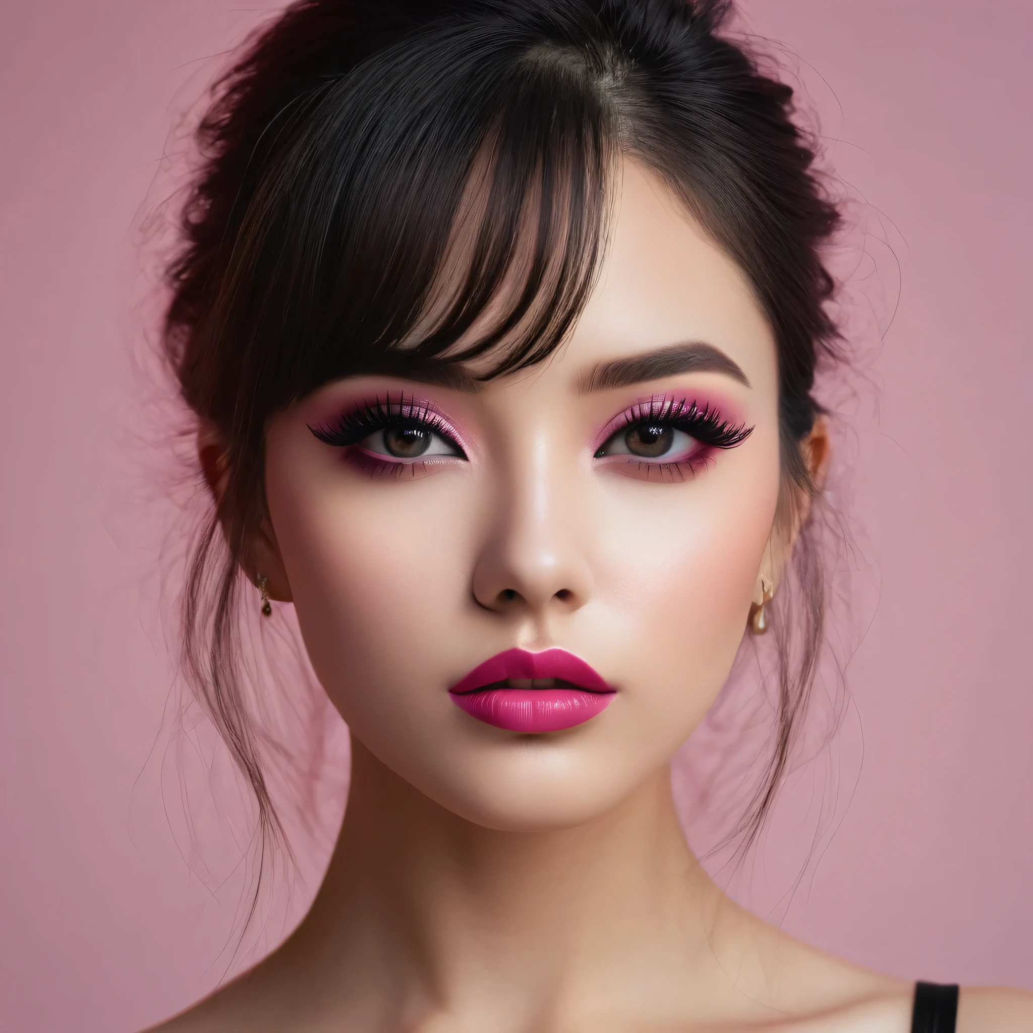 ((Make your subject look three-dimensional with the contrast of light and shadow)). photorealistic Realism 16K Quality: (Hyper absurd quality and details realistic texture velvet skin, hair), Photorealistic photo (portrait) a cute 1model:1.4 24yo, dslr, best high quality soft lighting, sharp focus captured by Fujifilm XT3, f 5.6, in a dramatic lighting, ((Hyper details realistic black_eyes:1.25)), ((finely details pupils:1.3)), Perfect makeup, ((detailed symmetrical lips:1.3)), ((V-line jaw)), pink_lipstick:1.3, (Hyper detailed eyelashes), ((perfect dark_eyeshadows:1.25)), (Detailed nose:1.2), (perfect composition), ((pale skin)), (dry skin), (((she wears black Tube top outfits, the latest fashion trend of this summer))), (Anatomically correct), (perfect proportions), ((perfect hands:1.2)), ((perfect female body:1.4)), cute girl, ((firm and full breasts:1.3)),