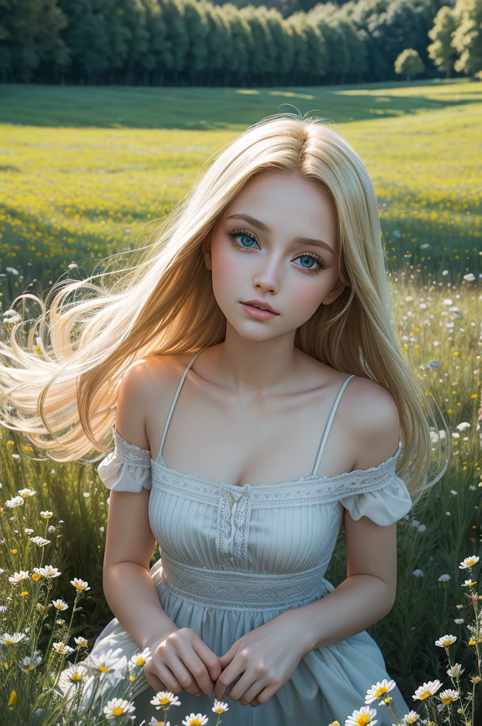 high quality шедевр, photo, detailing, blonde, big eyes, meadow with flowers flooded with light, hyperrealism, detailing, high quality, A glade of flowers, sunlight, wind,