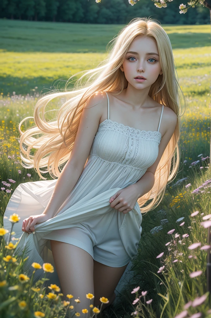 high quality шедевр, photo, detailing, blonde, big eyes, meadow with flowers flooded with light, hyperrealism, detailing, high quality, A glade of flowers, sunlight, wind, 