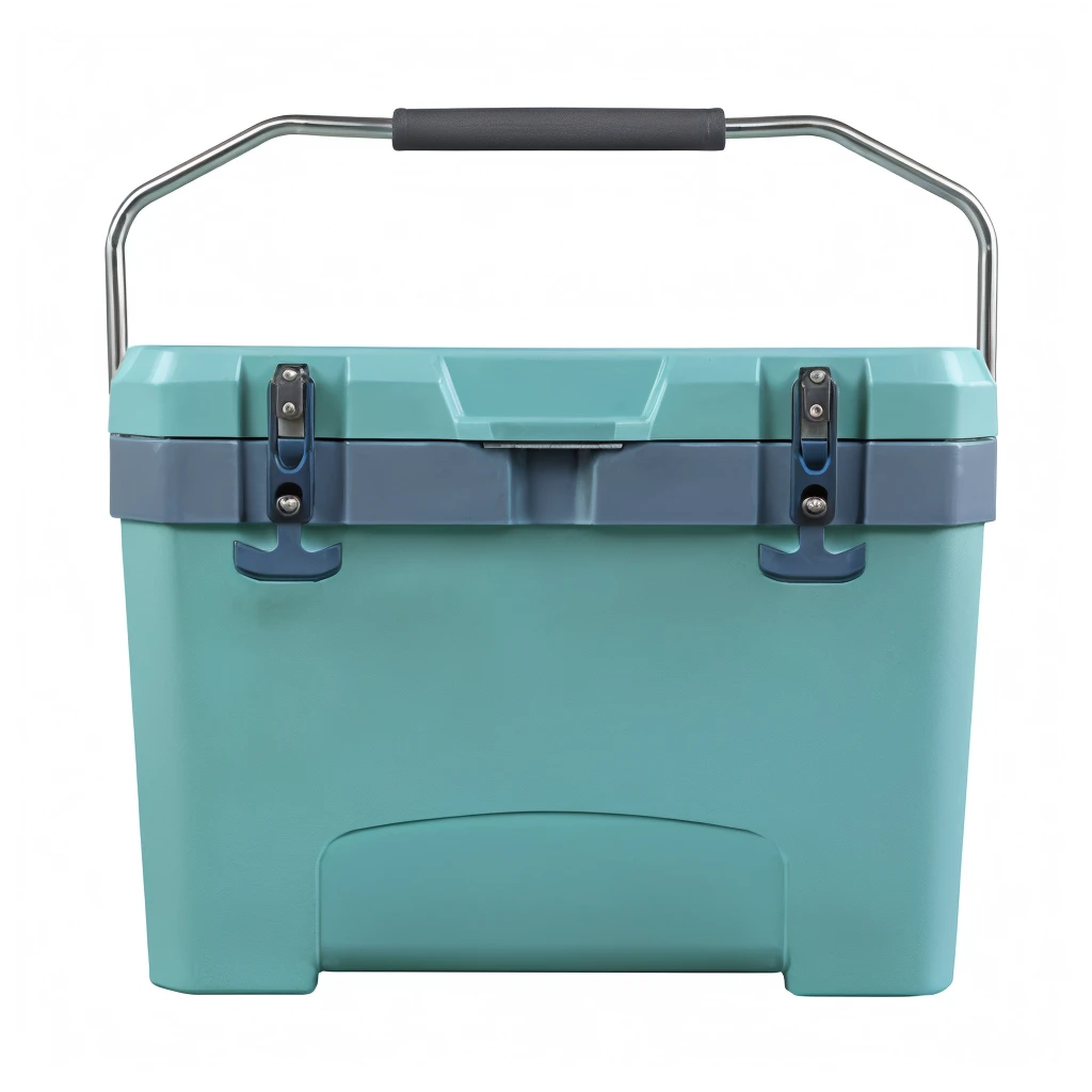 Close up of a blue cooler with handles and grips, Maximum, seafoam green, tasty, big boss, Tempera, cube, cyan grading, water blue, marvano, kinetic, front Photo, F2. 0, gamma, Light green, Zido, Panzer division, top cover, Number 12.0, Image at center, tundra
