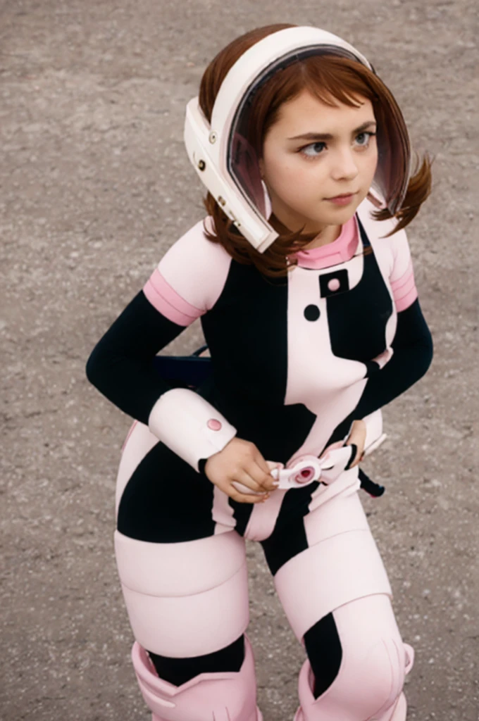 Ochako Uraraka, wide-shot, a beautiful face woman, depth of field, business woman, brown hair, skintight black bodysuit with a pink design around the neck, shoulders, and sides of her torso, (large, white, round gauntlets with pink pads on the back of her hands) and a white belt with a pink buckle and pink capsules attached, white boots, knee-high with pink soles and accents, featuring a round design at the top, white helmet with a transparent pink visor, pink wristbands, and round pink shoulder pads, (short and brown hair, styled in a bob cut)