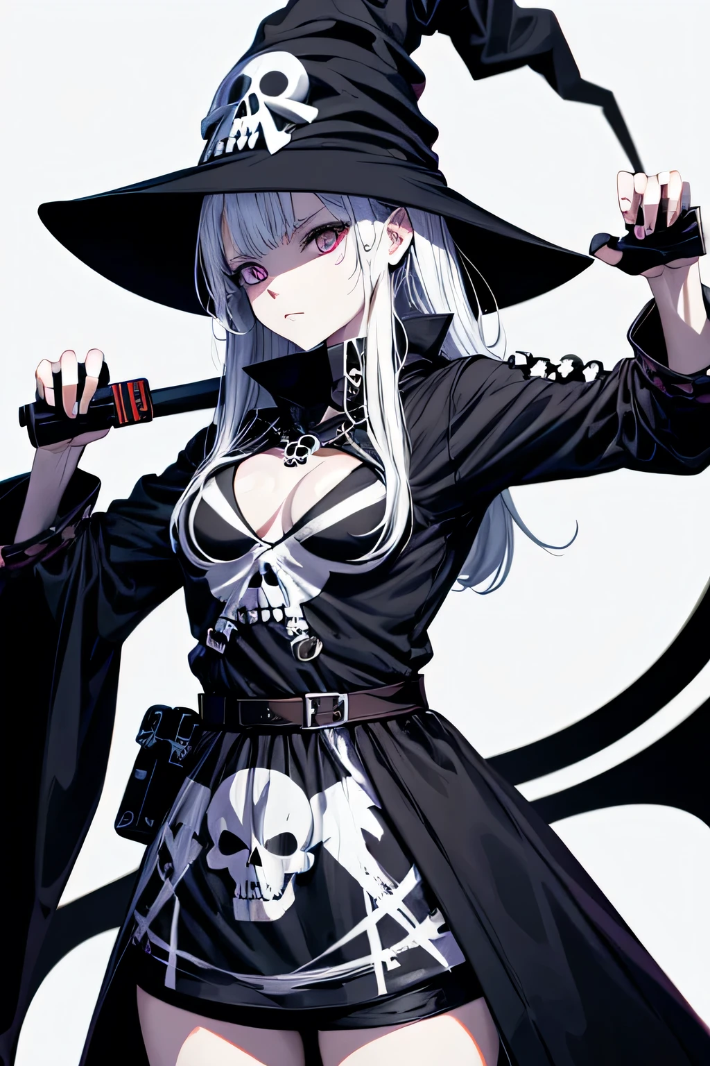 Anime Witch Design, Crossbones, skull, Streetwear-Design, Pro-Vector, Horror-Stil, Complete design, Only 6 colors, solid colors, no shadows, Complete design, sticker, bright colors, White background.