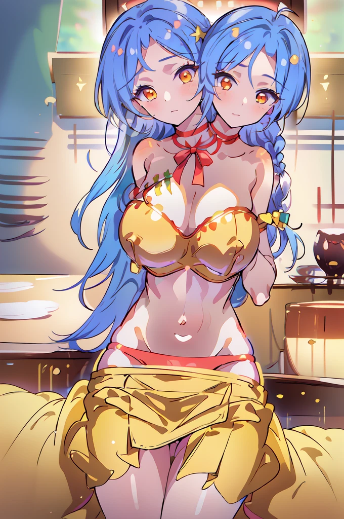 (masterpiece, best quality),best quality, (ultra-detailed), (3heads:1.5), 1girl, (label girl (dipp):1.3), masterpiece, ultra quality, ultra resolution, ultra detail, white top, crop top, ((stomach)), midriff, ((groin)), red skirt, normal ears, shackles, blue hair, very long hair, wavy hair, sidelocks, yellow eyes, detailed eyes, parted lips, open belly, sweat, cute, toned belly, hand on own chest, eyelashes, (22 year old woman:1.3), (masterpiece:1.5), (best quality:1.5), (beautiful detailed extremely detailed CG, extremely delicate and beautiful, depth of field, (finely detailed face), (perfect details:1.2), (mature female:1.3), wide pelvis, slender, large veiny breast, 16k resolution, highres, high quality, high definition, extremely detailed, masterpiece, best quality, blue hair, long hair, alluring presence, braid, short skirt, close up, very big tits, very huge tits, young, star hair ornament, yellow ribbon, side ponytail, cabbie hat, hair ornament,