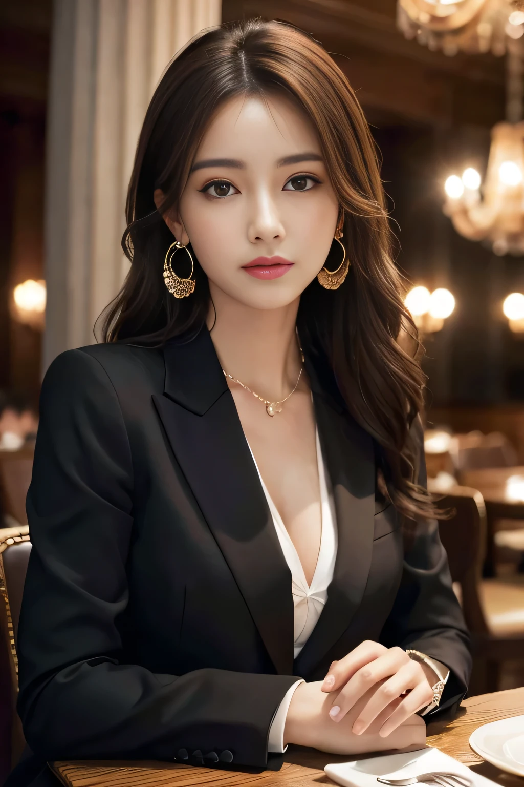 masterpiece, Highest quality, Realistic, Very detailed, Finer details, High resolution, 8k wallpaper, One beautiful woman, Wear a nice suit, In a great restaurant, At night, Light brown messy hair, Perfect dynamic composition, Beautiful and beautiful eyes、Big earrings、Sit on a chair、