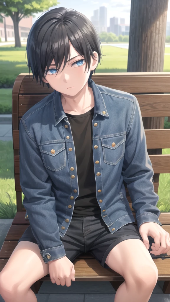 masterpiece, best quality, high quality, 1boy, solo, 14-year-old boy,evil boy,male focus, looking at viewer , black hair, old-school swoop haircut,blue jean jacket ,black shorts,blue eyes, sitting on a bench 