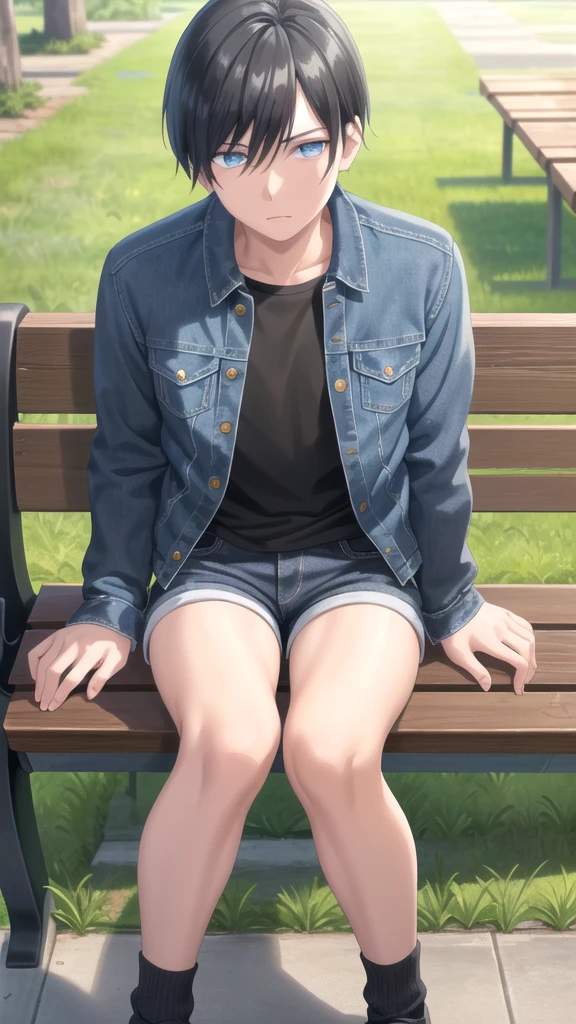 masterpiece, best quality, high quality, 1boy, solo, 14-year-old boy,evil boy,male focus, looking at viewer , black hair, old-school swoop haircut,blue jean jacket ,black shorts,blue eyes, sitting on a bench 