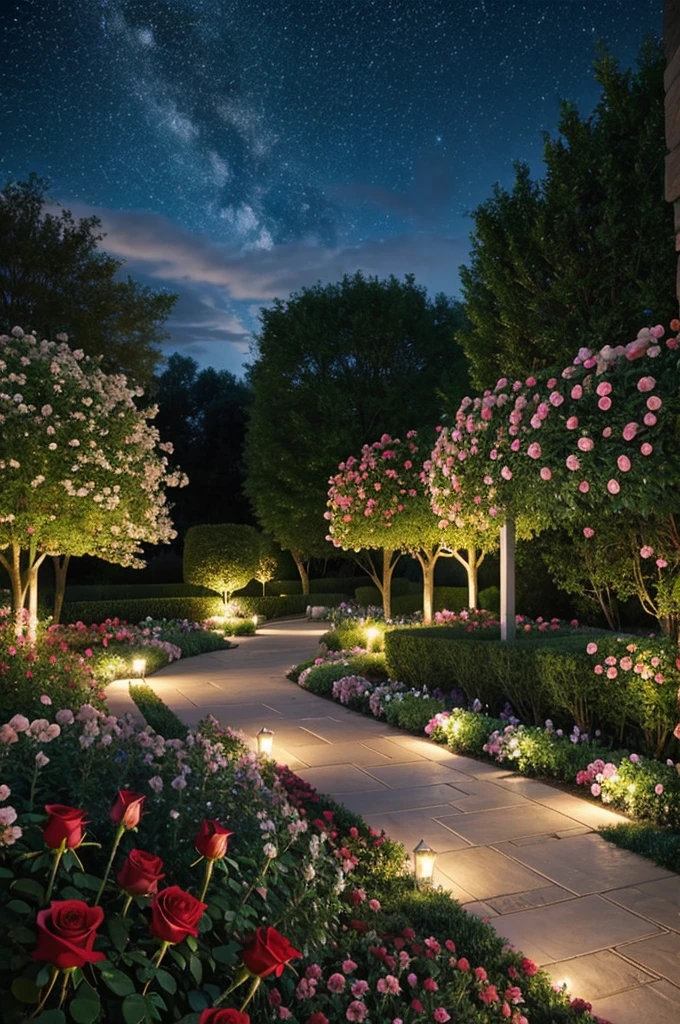 An image of a garden with roses on a starry night