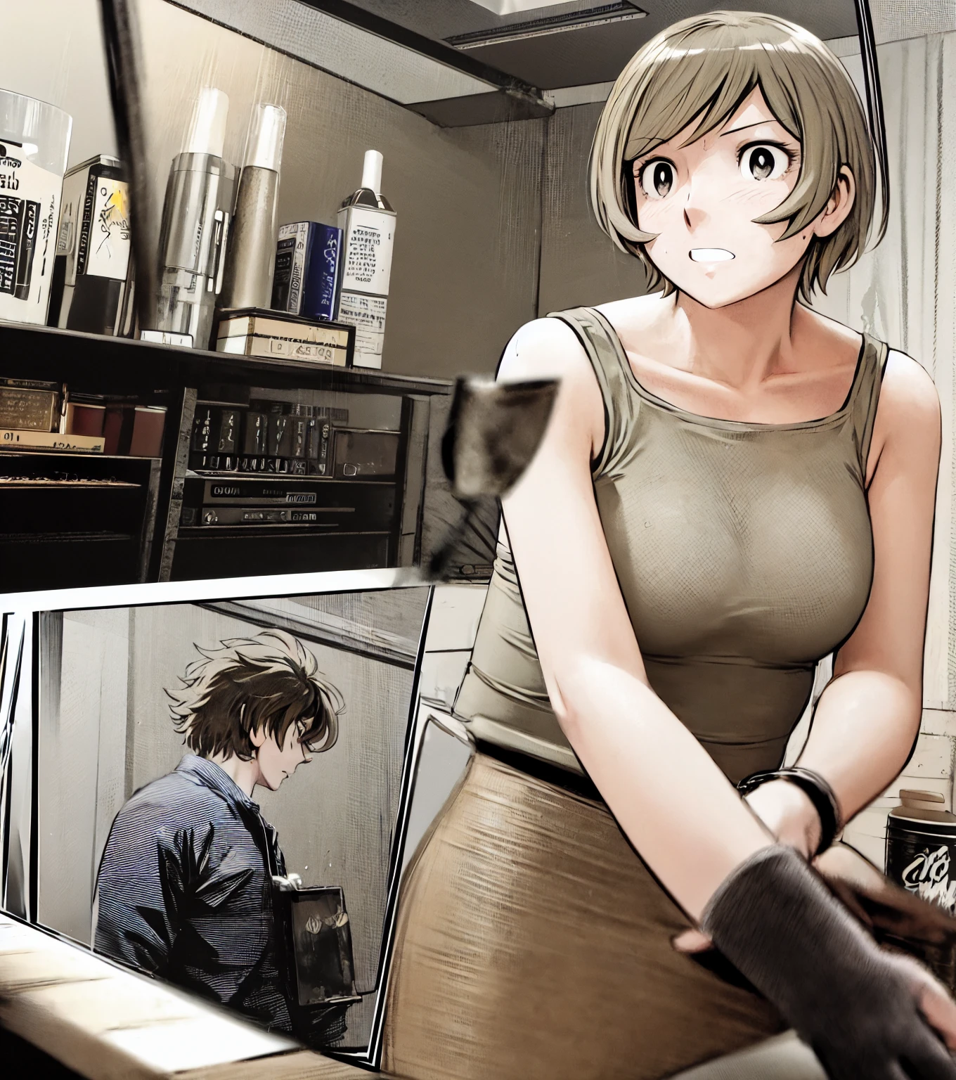Sports Bra、spatasterpiece、Highest quality)、Highest quality, Ultra-high resolution, (((masterpiece))), alone, Sweat、Big eyes, Composition from the front、(Short back hair、short hair、blonde、woman)、Shortcuts、Embarrassed face、Cut your hair short、可愛いwomanの子、Big Breasts、Inside the room、