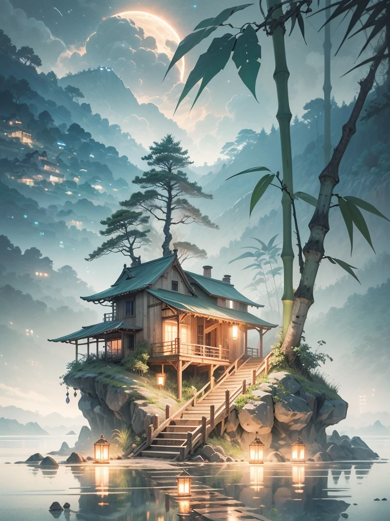 The Jungle Book, bamboo tree fantasy, Long bamboo, Practical, consumption environment, AI, Artificial water source, Build a bridge between two different places surrounded by bamboo forest, Night view, 8k best quality, AMD FidelityFX Super Resolution 3, Rendered by Nvidia RTX DLSS 3.5