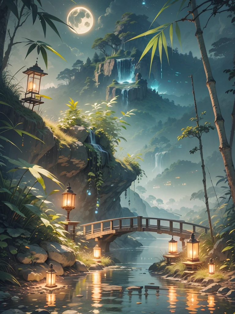 The Jungle Book, bamboo tree fantasy, Long bamboo, Practical, consumption environment, AI, Artificial water source, Build a bridge between two different places surrounded by bamboo forest, Night view, 8k best quality, AMD FidelityFX Super Resolution 3, Rendered by Nvidia RTX DLSS 3.5