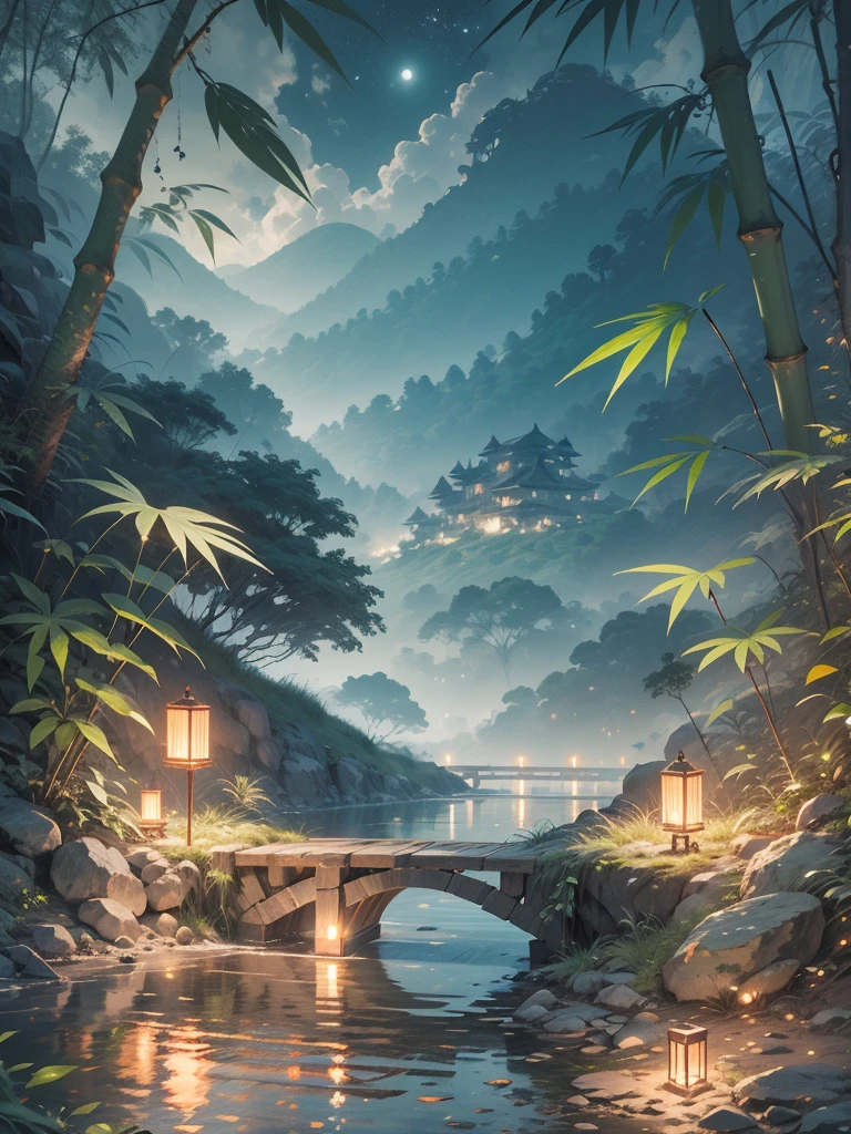 The Jungle Book, bamboo tree fantasy, Long bamboo, Practical, consumption environment, AI, Artificial water source, Build a bridge between two different places surrounded by bamboo forest, Night view, 8k best quality, AMD FidelityFX Super Resolution 3, Rendered by Nvidia RTX DLSS 3.5