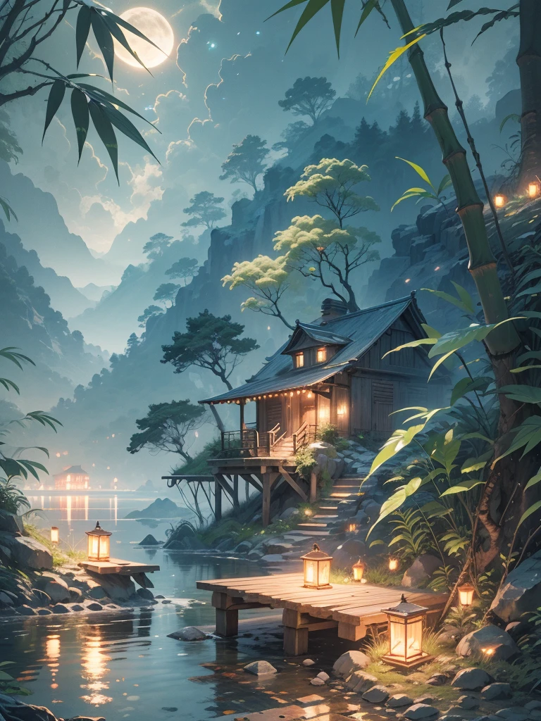 The Jungle Book, bamboo tree fantasy, Long bamboo, Practical, consumption environment, AI, Artificial water source, Build a bridge between two different places surrounded by bamboo forest, Night view, 8k best quality, AMD FidelityFX Super Resolution 3, Rendered by Nvidia RTX DLSS 3.5