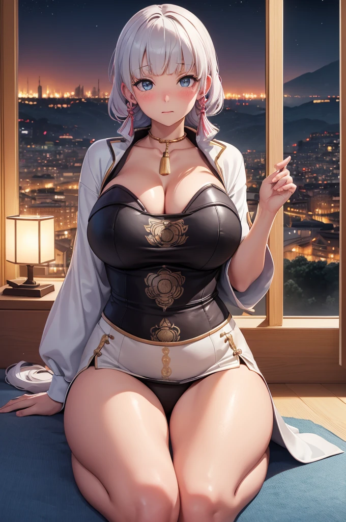 (Kamisatoayakadef), (narrow waist), blushing, official art, detail face, cg,looking at viewer, (sitting),indoor, (expansive landscape photography:1.2),(night), huge breast, cleavage