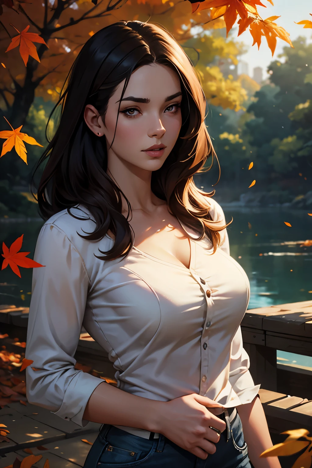 close up, samdoesarts style beautiful woman, in a park with orange leaves , por Jeremy Mann, by Sandra Chevier, By Dave McKean and Richard Avedon and Maciej Kuciara, white blouse and jeans, highly detailed, 8k