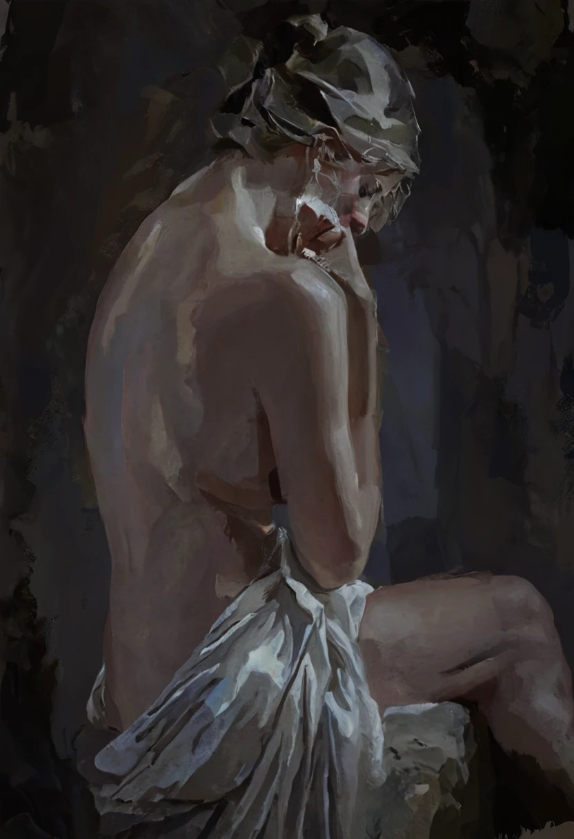 painting of a  woman in a towel, sitting on a rock, baroque digital painting, greek myth digital painting, digital oil painting, 4k digital painting, digital oil painting, low detailed digital painting, digital pain, inspired by Jacques-Louis David, digital art paintingital, renaissance pintura digital, inspirado en Roberto Ferri, pintura al óleo del arte digital, pintado digitalmente
