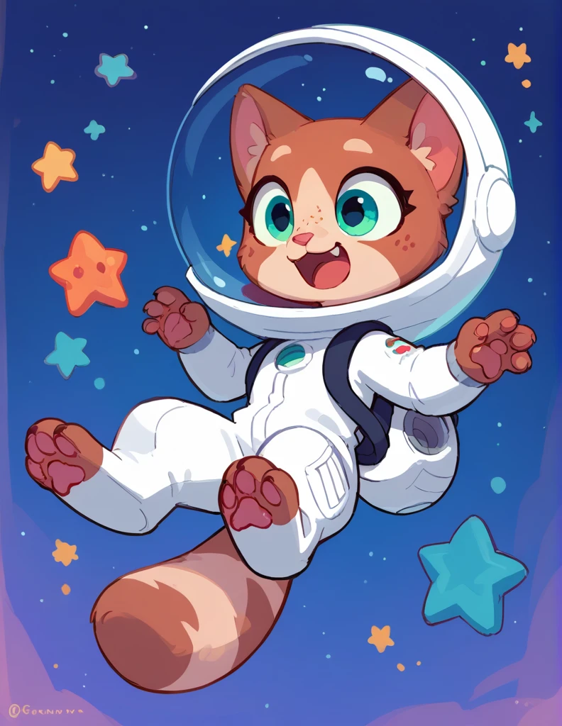 The Q version of the cute furry cat, flying in the space, spacesuit, cute, stars, space, having fun, excited expression, paws, beans