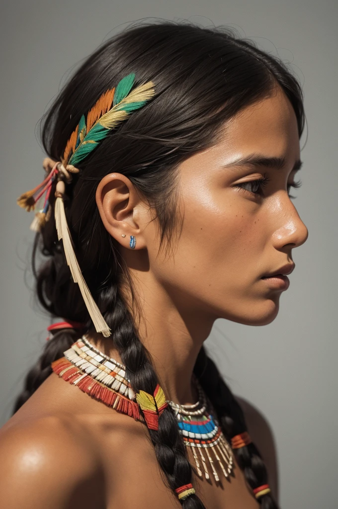 Artistic drawing image with 3 colors containing the face and bust in profile of an indigenous person from the Guarani tribe