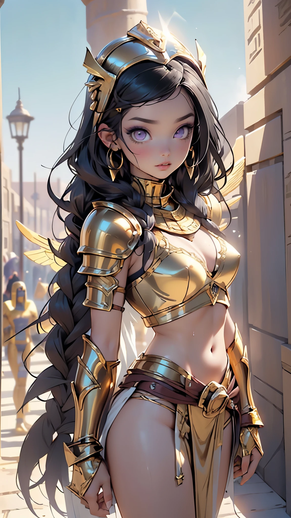 girl from ancient Egypt,1girl,
(large breasts:1.4),((((long twin braids,tight braids,long braid,braided hair,long hime cut,dark hair,black hair,colored inner hair)))),(((purple_eyes:1.3))),intricate eyes,beautiful detailed eyes,symmetrical eyes,((((lustrous skin:1.5,tanned skin,bright skin: 1.5,skin tanned,shiny skin,very shiny skin,shiny body,Reflective skin)))),(spider lower abdomen,narrow waist,wide hip,athletic body,inflated legs,thick thighs,delicate detailed fingers,(detailed face)),beautiful detailed lips,
cute,slutty,sensual,seductive look,seductive,((erotic)),opulent,((nsfw)),
(((Egyptian armor jewelry,golden,(Egyptian armor bra:1.2),Warrior Egyptian Princess)))(((very tiny armor:1.3))),((Anubis Helmet)),zettai ryouiki,revealing clothing,show skin,cleavage,(((barefoot))),((intricate warrior egyptian outfit)),egyptian accessories,(egyptian jewelry in her arms),usekh collar,earrings,(((hair tubes))),(((eyeshadow,egyptian makeup,eyelid makeup))),(((pelvis curtain))),(loincloth),heavy gold armor,navel,wear long gloves,detailed intricate armor bra,ornate detailed armor panties,gold leg armor,(golden angel wings:1.5),(((golden clothes,wet clothes,intricate outfit,ornate outfit,intricate cloth,ornate cloth,intricate armor))),
(flirtatious pose:1.3), looking at viewer,heroic attitude,centered,scale to fit dimensions,Rule of thirds,
outdoors,(egyptian desert,egyptian desert background,pyramids in the background),scenery,extremely scenery,clouds,Egypt style,palms,(sunset, golden hour),
(Glossy Egyptian ornaments),highres,sharp focus,(ultra detailed,extremely detailed),(photorealistic artwork:1.37),(extremely detailed CG unity 8k wallpaper),(((vibrant colors,vibrant theme))),(intricate),(masterpiece),(best quality),artistic photography,(photography taken by sldr),(intricate background),perfect rendered face,perfect face details,realistic face,photo realistic,((intricate detail)),(((realism))),
