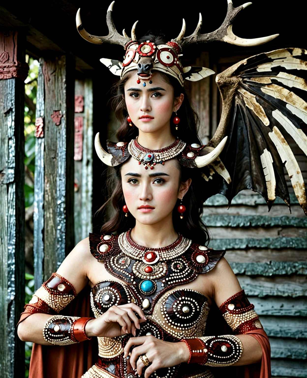 YOUNG WOMAN, YOUNG GIRL, strange creature, full of secrets, mysterious, HAS huge pitch black bat wings, clothes made of wild bull skin full of fur, flat facial expression, cold teary eyes, her head grows huge deer antlers, tied around her waist made from tree roots, he wore trousers made from dragon skin, his arms were covered with three layers of thick tree bark armor, and on his left and right arms were bracelets made from Red jade. In his left and right hands he holds a SWORD made of sparkling marble. Her shoes were made of rhinoceros skin, and the beautiful young woman wore a crocodile skin patch around her neck. original photo, original photography, natural, professional. Make it a masterpiece