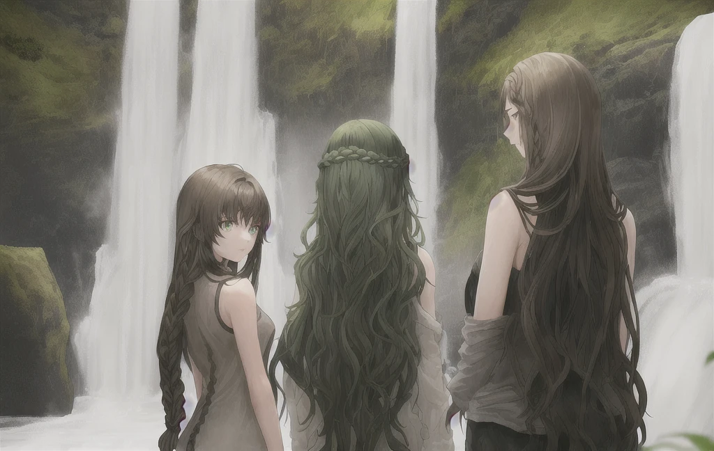 A 19-year-old young woman with fair skin and dark green eyes with light brown hair that has a few strands of hair around her face in addition to a waterfall braid at the back of her hair., Loose hair in a waterfall braid just behind the head