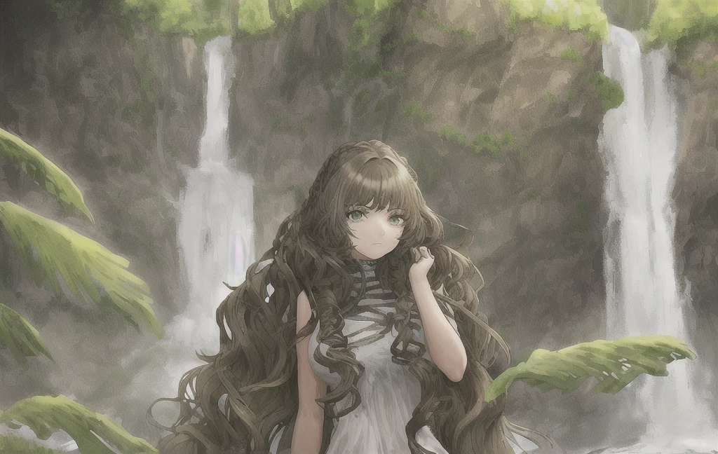 A 19-year-old young woman with fair skin and dark green eyes with light brown hair that has a few strands of hair around her face in addition to a waterfall braid at the back of her hair., Loose hair in a waterfall braid just behind the head