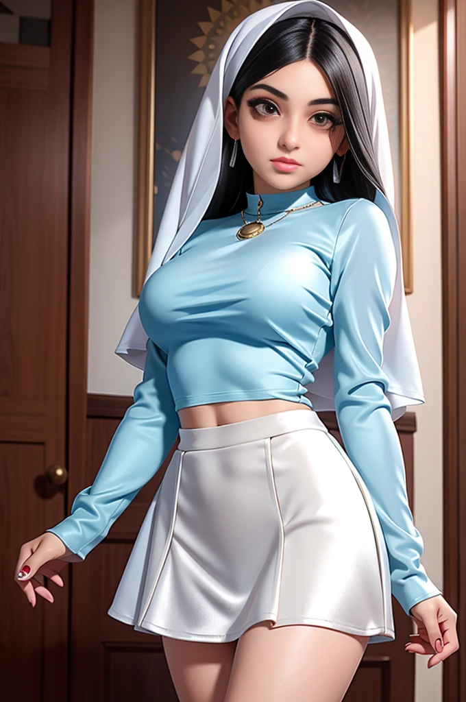 Beautiful Iranian teenager, tight silk long sleeve top, large breasts, bob hair with silver streaks,   short silk skater skirt,  masterpiece,